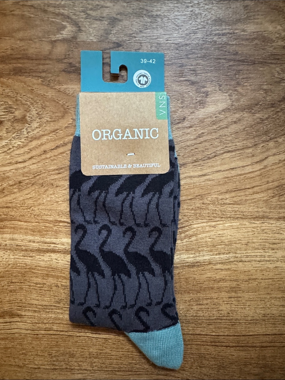 Organic Cotton FLAMINGO Womens Crew Socks in Charcoal with Teal Toe - NWT